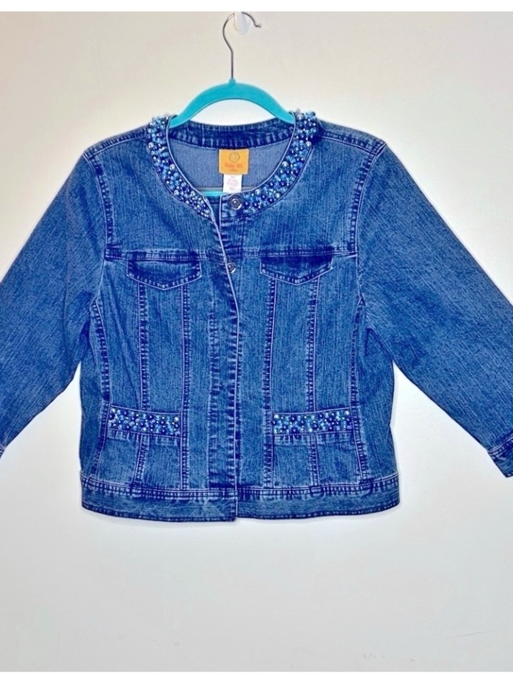 Ruby Rd. Denim Jean Jacket with Bead Embellishments Dark Indigo Wash SZ 14P